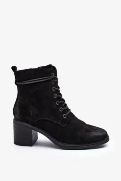 Damskie Boto Damskie Botki Na Niskim Obcasie Sznurowane Czarne Serellia