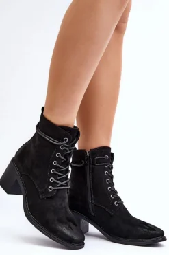 Damskie Boto Damskie Botki Na Niskim Obcasie Sznurowane Czarne Serellia