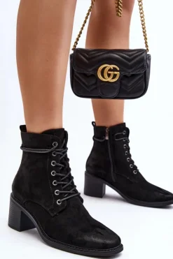 Damskie Boto Damskie Botki Na Niskim Obcasie Sznurowane Czarne Serellia