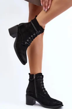 Damskie Boto Damskie Botki Na Niskim Obcasie Sznurowane Czarne Serellia