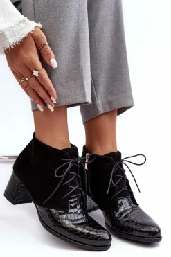 Damskie Boto Damskie Botki Na Niskim Słupku Wężowy Wzór Czarne Ebba