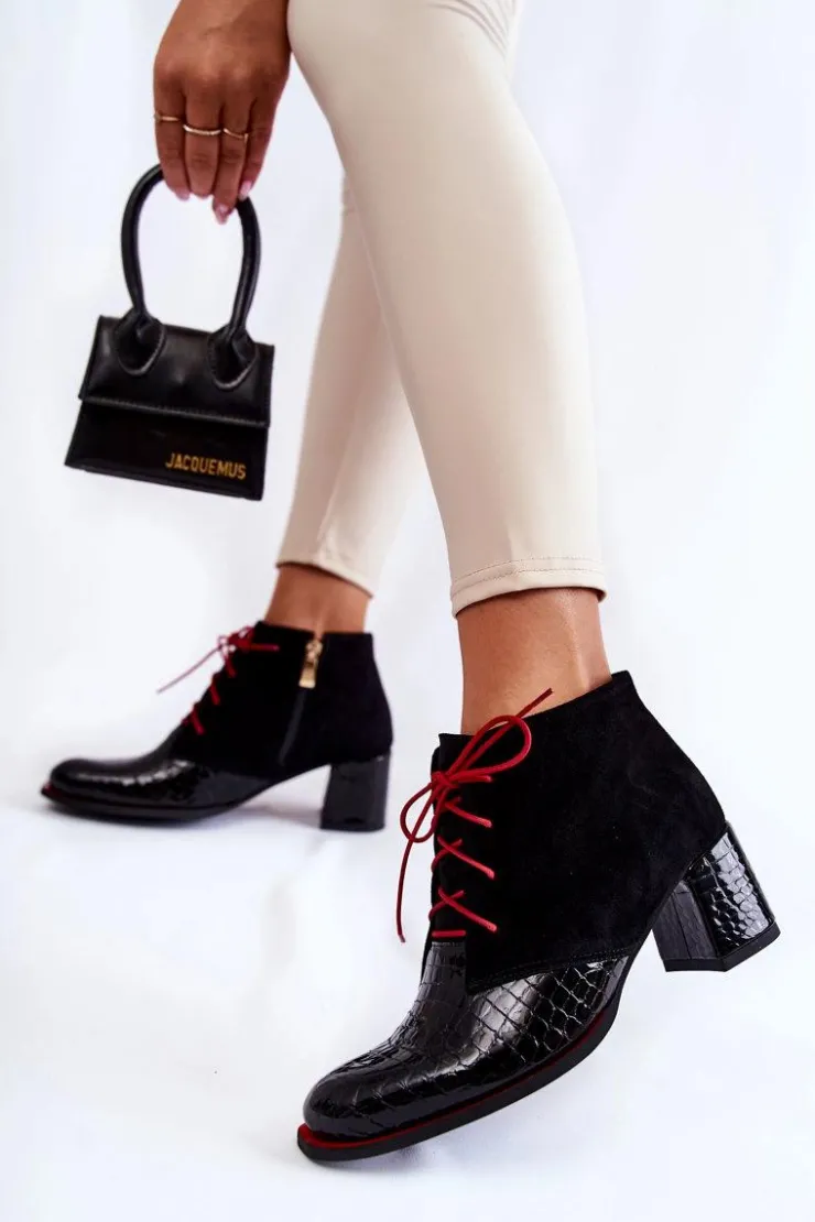 Boto Botki Sznurowane|Botki Na Słupku*Damskie Botki Na Niskim Słupku Czarne Ebba