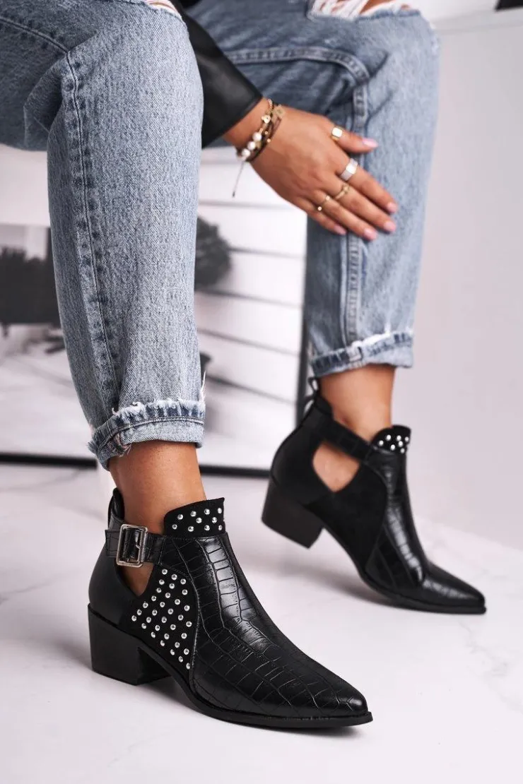 Sale Boto Damskie Botki Na Obcasie Klamra Czarne Rontra