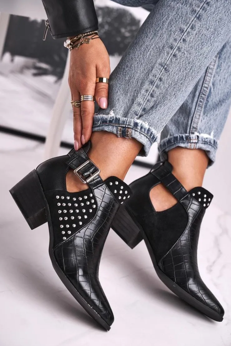 Sale Boto Damskie Botki Na Obcasie Klamra Czarne Rontra