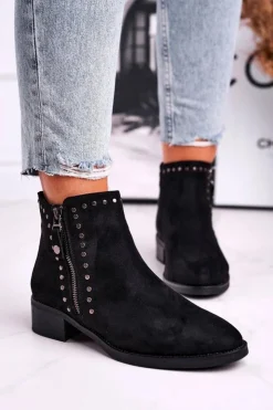 Boto Czarne Botki|Botki Zimowe Damskie*Damskie Botki Na Obcasie Nity Czarne Control