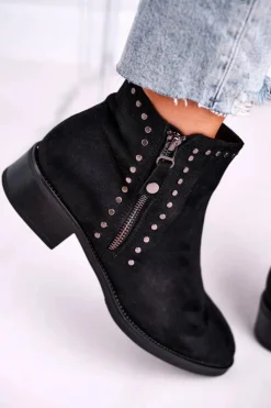Boto Czarne Botki|Botki Zimowe Damskie*Damskie Botki Na Obcasie Nity Czarne Control