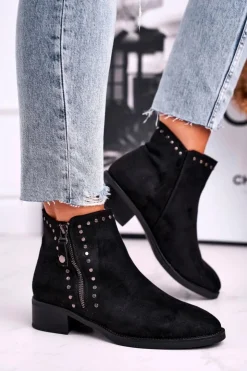 Boto Czarne Botki|Botki Zimowe Damskie*Damskie Botki Na Obcasie Nity Czarne Control