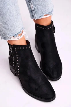 Boto Czarne Botki|Botki Zimowe Damskie*Damskie Botki Na Obcasie Nity Czarne Control