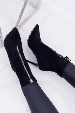 Boto Botki Zamszowe|Czarne Botki*Damskie Botki Na Obcasie Lu Boo Dwa Suwaki Zamszowe Czarne Suzy