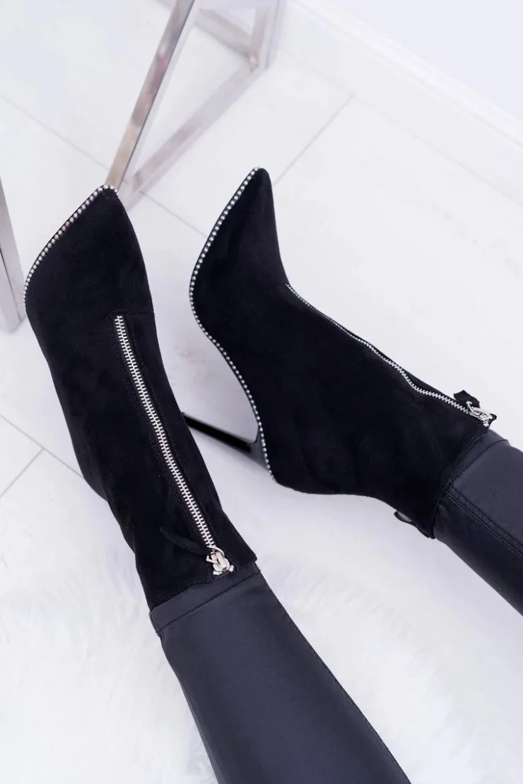 Boto Botki Zamszowe|Czarne Botki*Damskie Botki Na Obcasie Lu Boo Dwa Suwaki Zamszowe Czarne Suzy