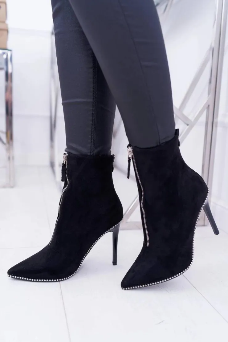 Boto Botki Zamszowe|Czarne Botki*Damskie Botki Na Obcasie Lu Boo Dwa Suwaki Zamszowe Czarne Suzy