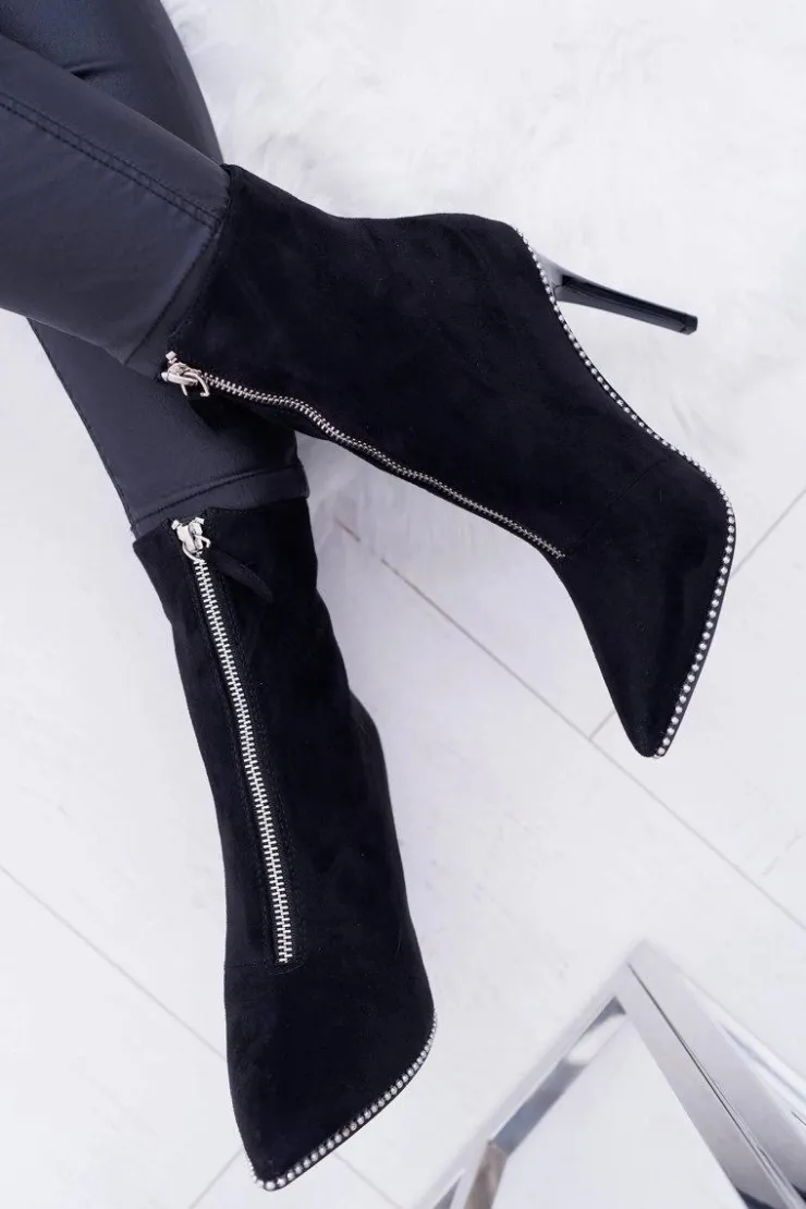 Boto Botki Zamszowe|Czarne Botki*Damskie Botki Na Obcasie Lu Boo Dwa Suwaki Zamszowe Czarne Suzy