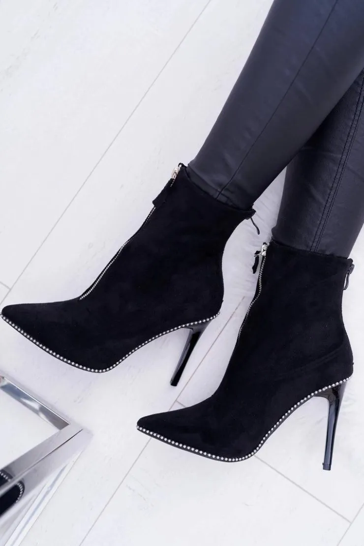 Boto Botki Zamszowe|Czarne Botki*Damskie Botki Na Obcasie Lu Boo Dwa Suwaki Zamszowe Czarne Suzy