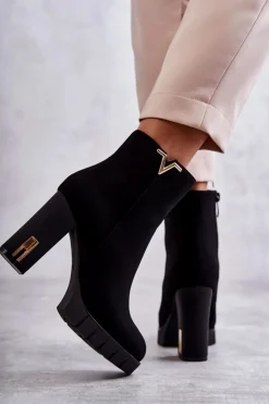 Boto Botki Na Słupku|Czarne Botki*Damskie Botki Na Obcasie Z Ozdobą Czarne Teruko