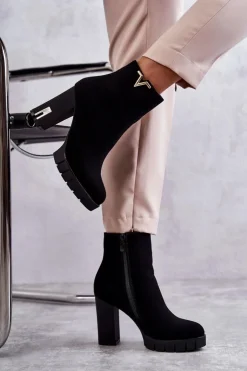 Boto Botki Na Słupku|Czarne Botki*Damskie Botki Na Obcasie Z Ozdobą Czarne Teruko