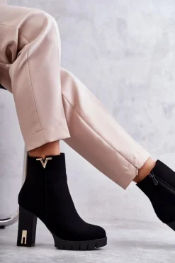 Boto Botki Na Słupku|Czarne Botki*Damskie Botki Na Obcasie Z Ozdobą Czarne Teruko