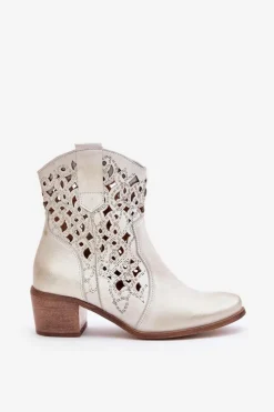 Damskie Boto Damskie Botki Na Obcasie Z Ażurowym Wzorem Lewski 3394/2 Złote Przecierane