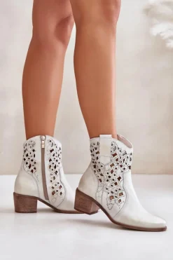 Damskie Boto Damskie Botki Na Obcasie Z Ażurowym Wzorem Lewski 3394/2 Złote Przecierane