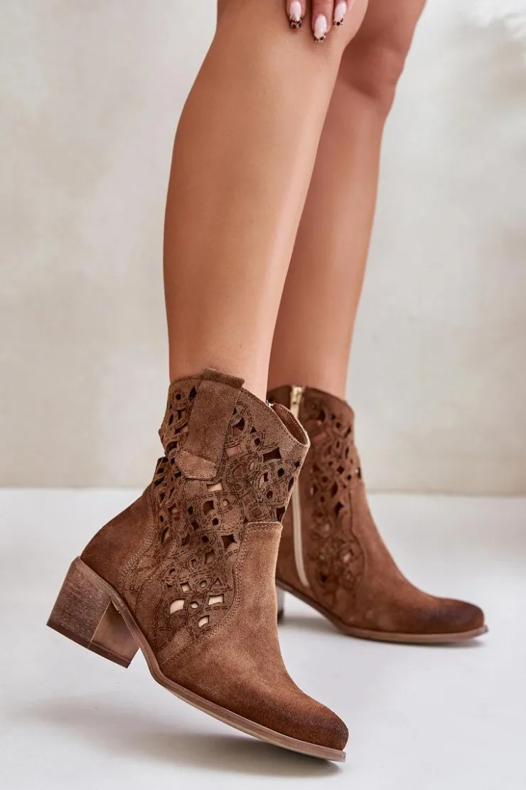 Hot Boto Damskie Botki Na Obcasie Z Ażurowym Wzorem Lewski 3394/2 Brązowe