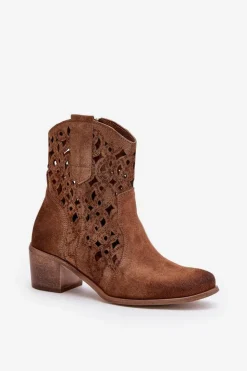 Hot Boto Damskie Botki Na Obcasie Z Ażurowym Wzorem Lewski 3394/2 Brązowe