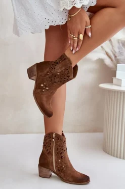 Hot Boto Damskie Botki Na Obcasie Z Ażurowym Wzorem Lewski 3394/2 Brązowe