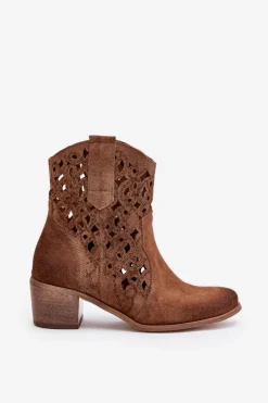 Hot Boto Damskie Botki Na Obcasie Z Ażurowym Wzorem Lewski 3394/2 Brązowe