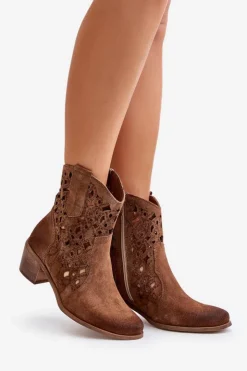 Hot Boto Damskie Botki Na Obcasie Z Ażurowym Wzorem Lewski 3394/2 Brązowe