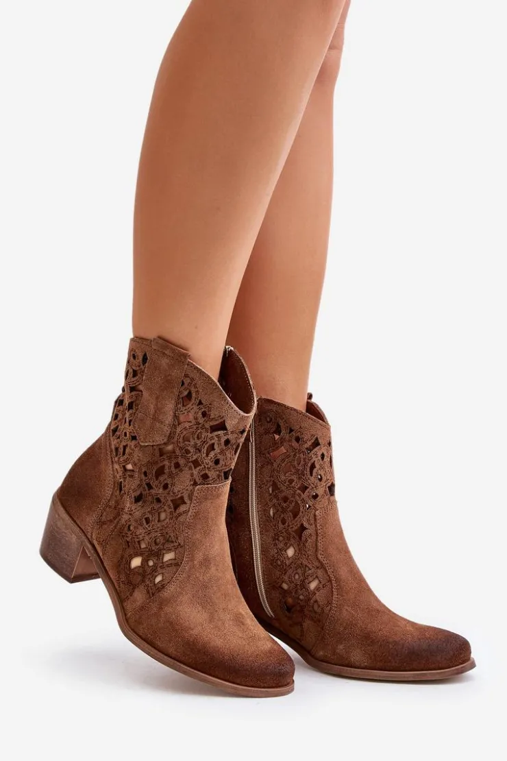 Hot Boto Damskie Botki Na Obcasie Z Ażurowym Wzorem Lewski 3394/2 Brązowe