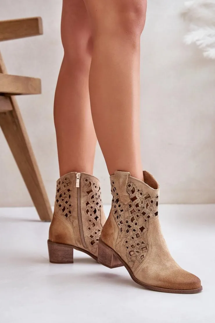 Damskie Boto Damskie Botki Na Obcasie Z Ażurowym Wzorem Lewski 3394/2 Beżowe