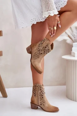 Damskie Boto Damskie Botki Na Obcasie Z Ażurowym Wzorem Lewski 3394/2 Beżowe