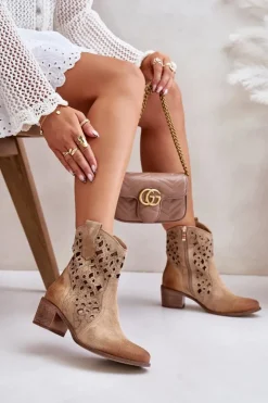 Damskie Boto Damskie Botki Na Obcasie Z Ażurowym Wzorem Lewski 3394/2 Beżowe