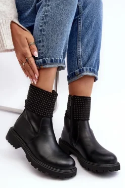 Boto Czarne Botki|Botki Płaskie*Damskie Botki Na Płaskim Obcasie Ze Zdobieniem Czarne Zanidite