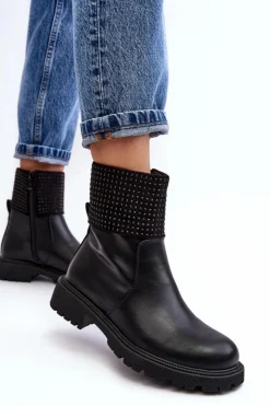 Boto Czarne Botki|Botki Płaskie*Damskie Botki Na Płaskim Obcasie Ze Zdobieniem Czarne Zanidite