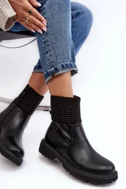 Boto Czarne Botki|Botki Płaskie*Damskie Botki Na Płaskim Obcasie Ze Zdobieniem Czarne Zanidite