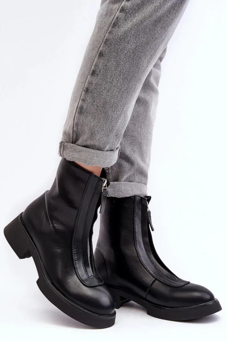 Damskie Boto Damskie Botki Na Płaskim Obcasie Z Suwakiem Czarne Elkasa