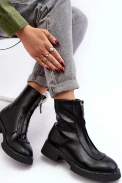 Damskie Boto Damskie Botki Na Płaskim Obcasie Z Suwakiem Czarne Elkasa