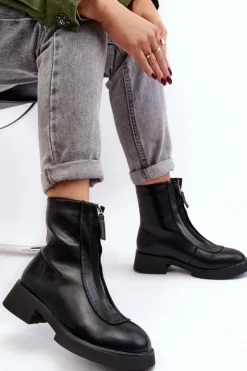 Damskie Boto Damskie Botki Na Płaskim Obcasie Z Suwakiem Czarne Elkasa