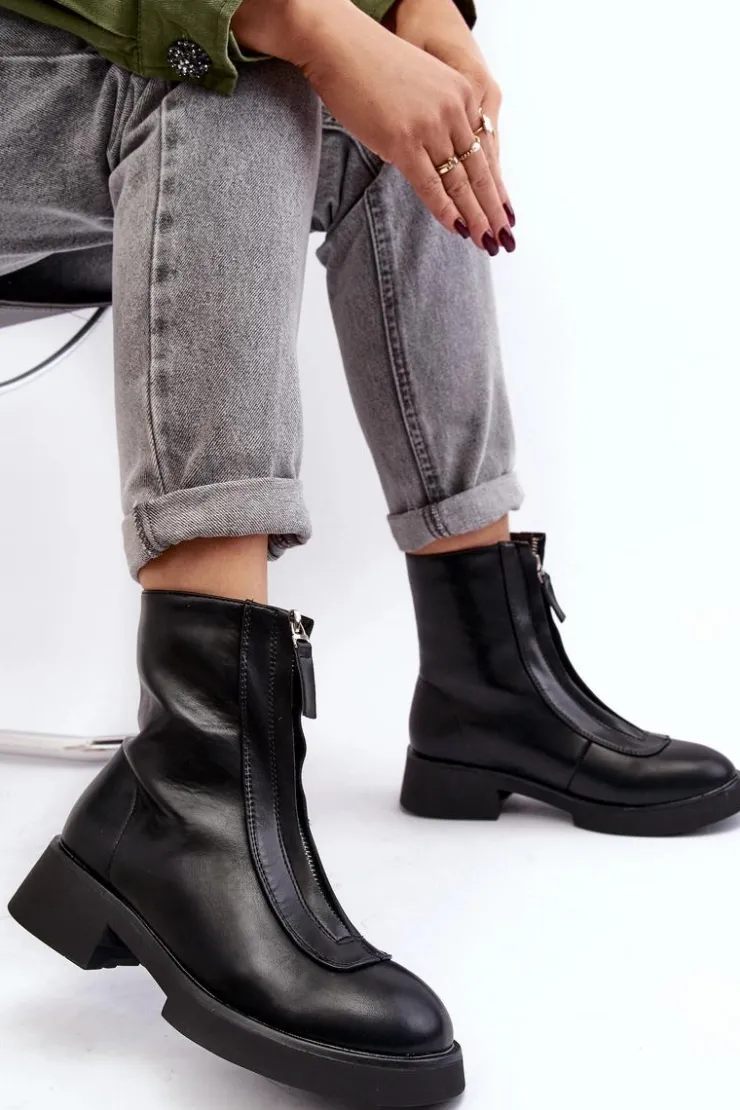 Damskie Boto Damskie Botki Na Płaskim Obcasie Z Suwakiem Czarne Elkasa