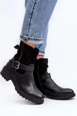 Clearance Boto Damskie Botki Na Płaskim Obcasie Z Klamrą Czarne Cillolis
