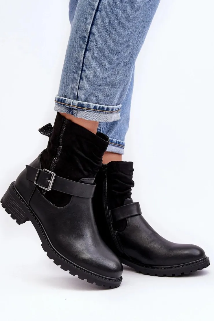 Clearance Boto Damskie Botki Na Płaskim Obcasie Z Klamrą Czarne Cillolis