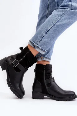 Clearance Boto Damskie Botki Na Płaskim Obcasie Z Klamrą Czarne Cillolis