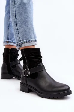 Clearance Boto Damskie Botki Na Płaskim Obcasie Z Klamrą Czarne Cillolis