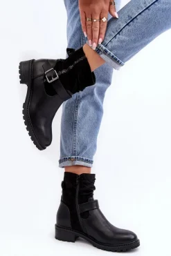 Clearance Boto Damskie Botki Na Płaskim Obcasie Z Klamrą Czarne Cillolis