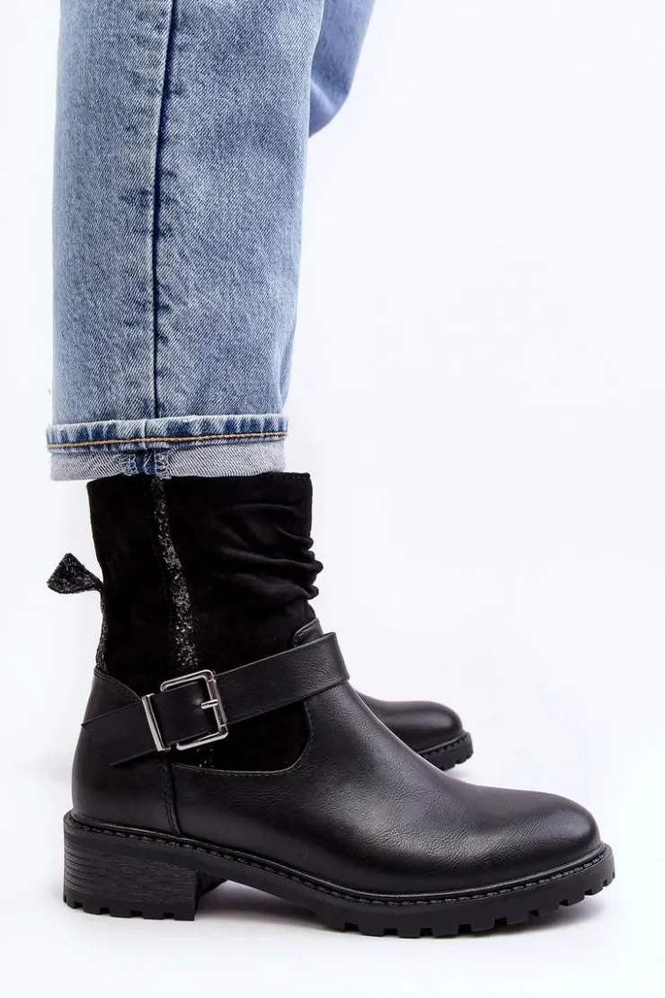 Clearance Boto Damskie Botki Na Płaskim Obcasie Z Klamrą Czarne Cillolis