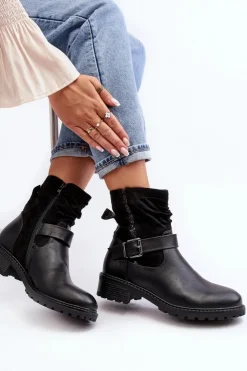 Clearance Boto Damskie Botki Na Płaskim Obcasie Z Klamrą Czarne Cillolis