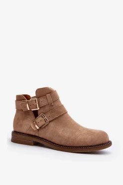 Boto Botki Wiosenne|Brązowe I Beżowe Botki*Damskie Botki Na Płaskim Obcasie Z Paskami Beżowe Melviana Beżowy