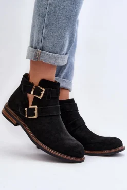 Damskie Boto Damskie Botki Na Płaskim Obcasie Z Paskami Czarne Melviana