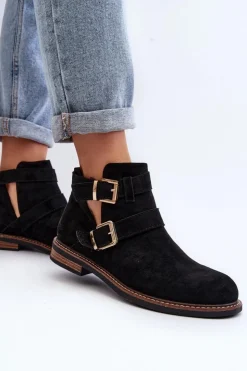 Damskie Boto Damskie Botki Na Płaskim Obcasie Z Paskami Czarne Melviana