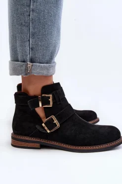 Damskie Boto Damskie Botki Na Płaskim Obcasie Z Paskami Czarne Melviana