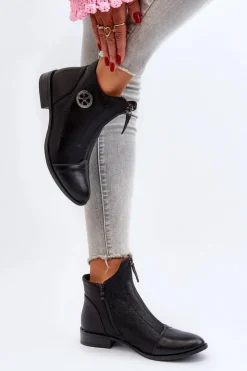 Boto Damskie Botki Na Płaskim Obcasie Z Zamkiem Czarne Loratie Czarny